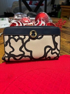 Tous Cream Canvas Wallet with Black Graphic Trim and Gold Accent